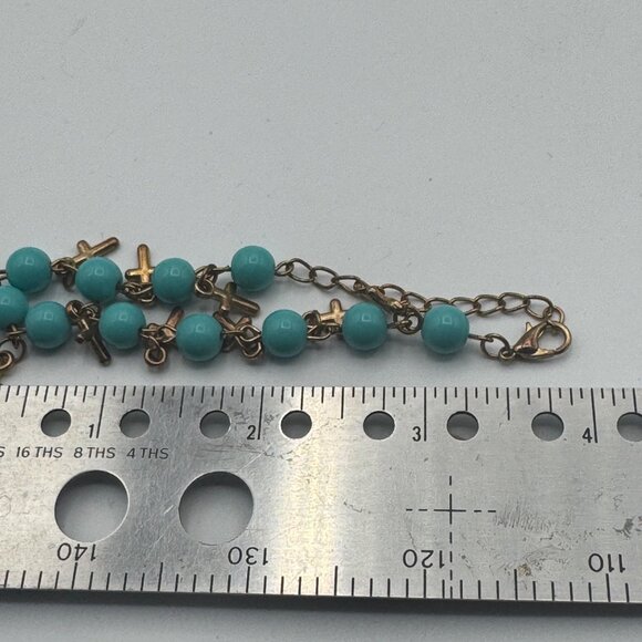 Gold-Tone Cross Charm Bracelet With Turquoise Beads & Lobster Clasp - Picture 4 of 4